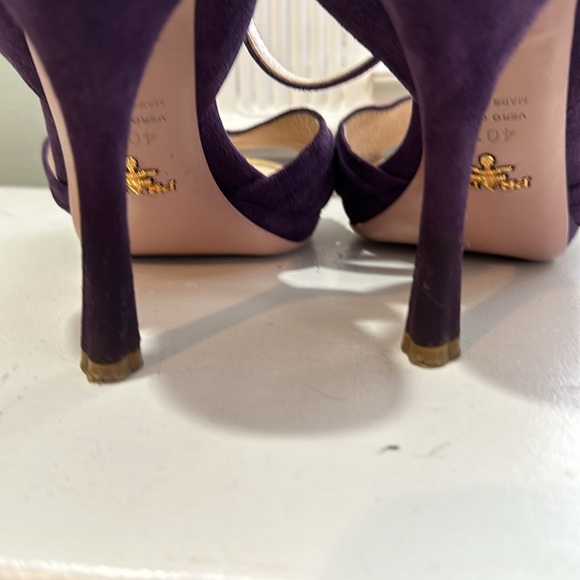 Prada Dark Purple Suede Ankle Strap Sandals with Gold Trim - Picture 5 of 6